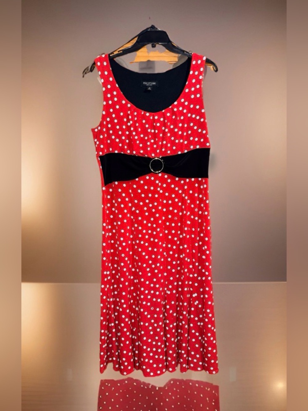 Perceptions NY Red & White Polka Dot Midi Dress w/Black Faux Waist Band-14-EC